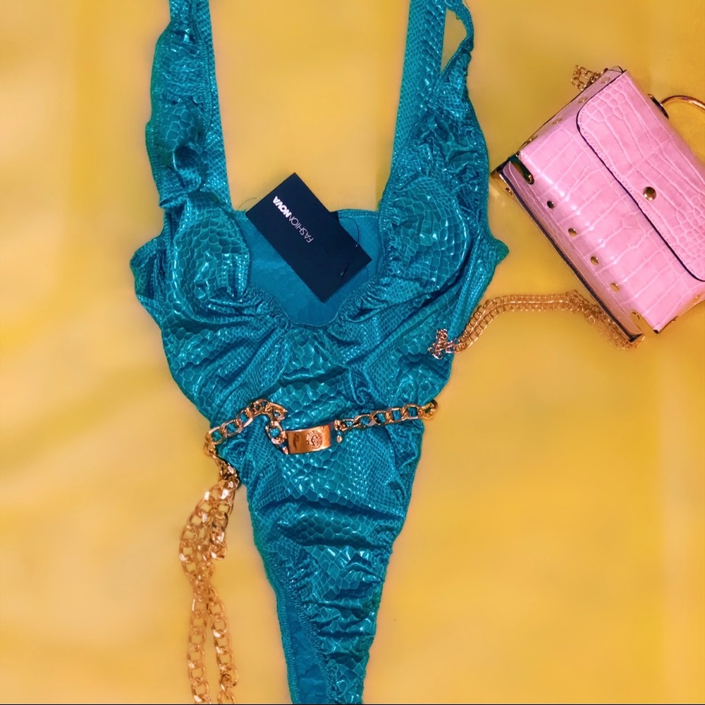 FashionNova Turquoise Crocodile One Piece Swimsuit
